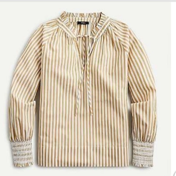 J Crew Smocked-cuff popover long sleeve top striped tan and white Size S - Picture 1 of 5
